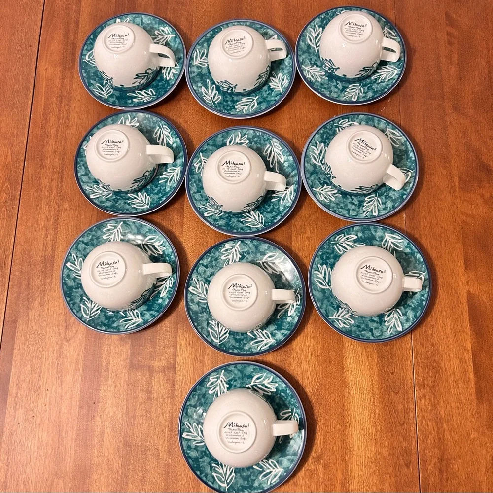 Mikasa Fashion Plate Leaf Song White Teal Ironstone Cups Mug Saucer 2 SETS